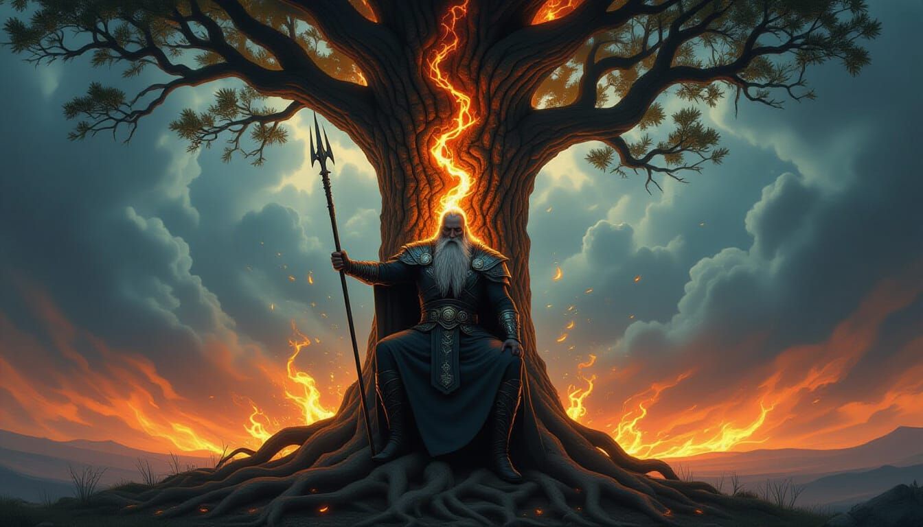 Odin's Sacrifice on Yggdrasil in Stormy Sky
