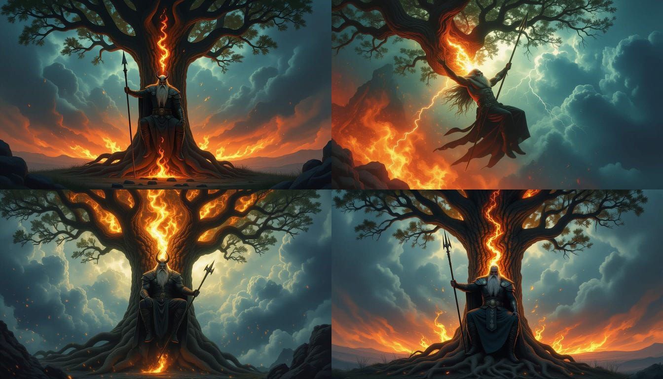 Odin's Sacrifice on Yggdrasil in Stormy Sky