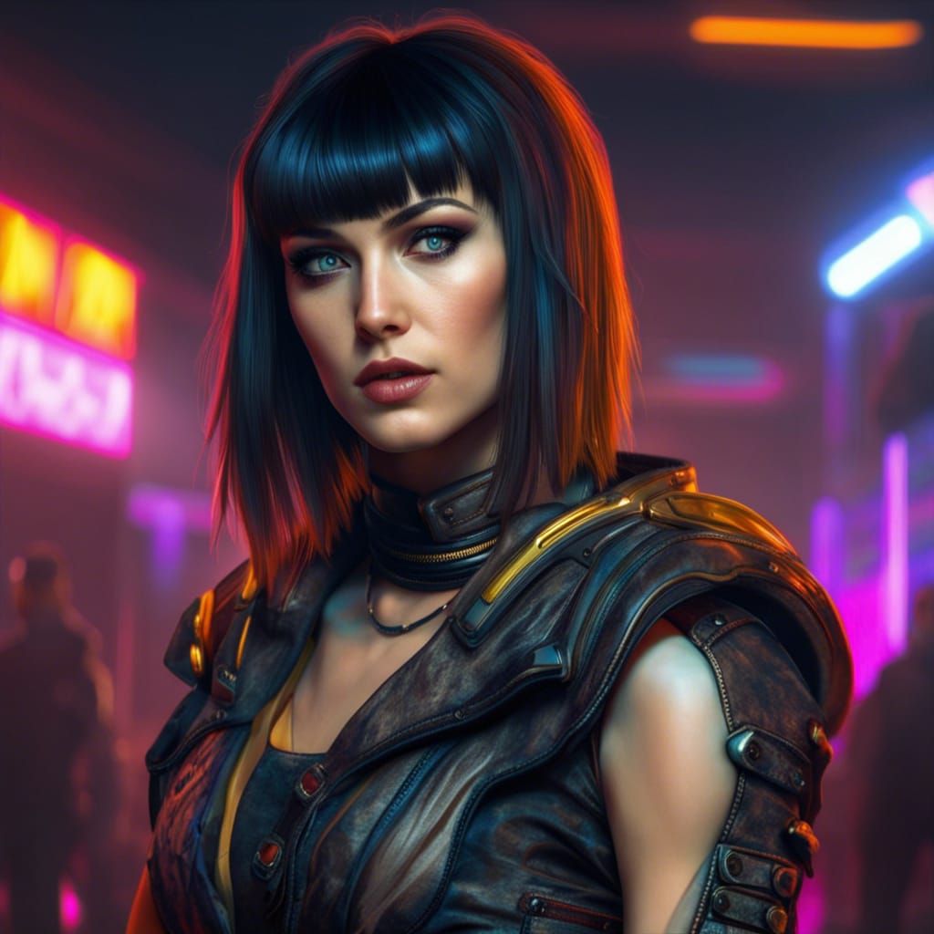 Cyberpunk Xena in Neon Cityscape