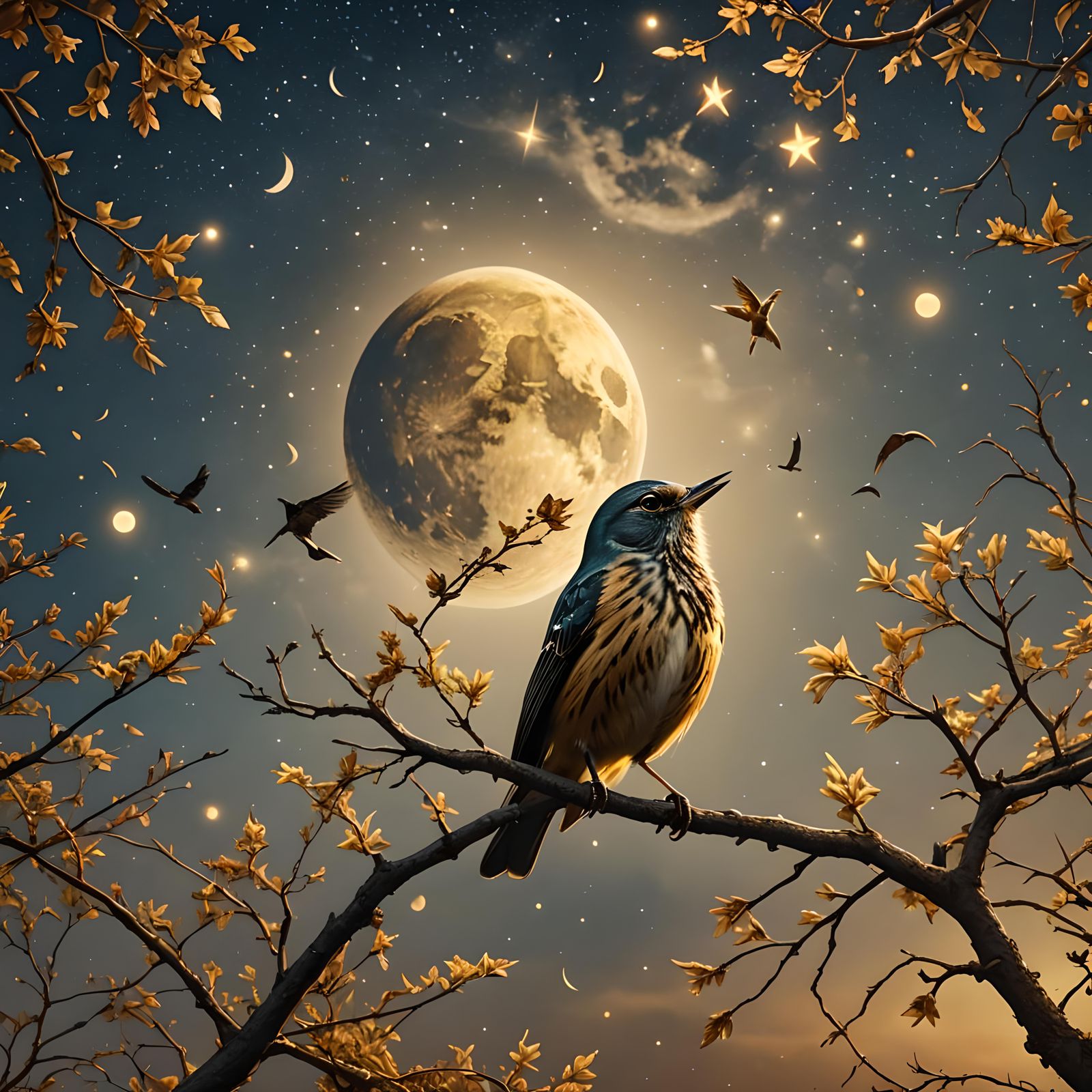 Beautiful songbird looking up at a moon and stars