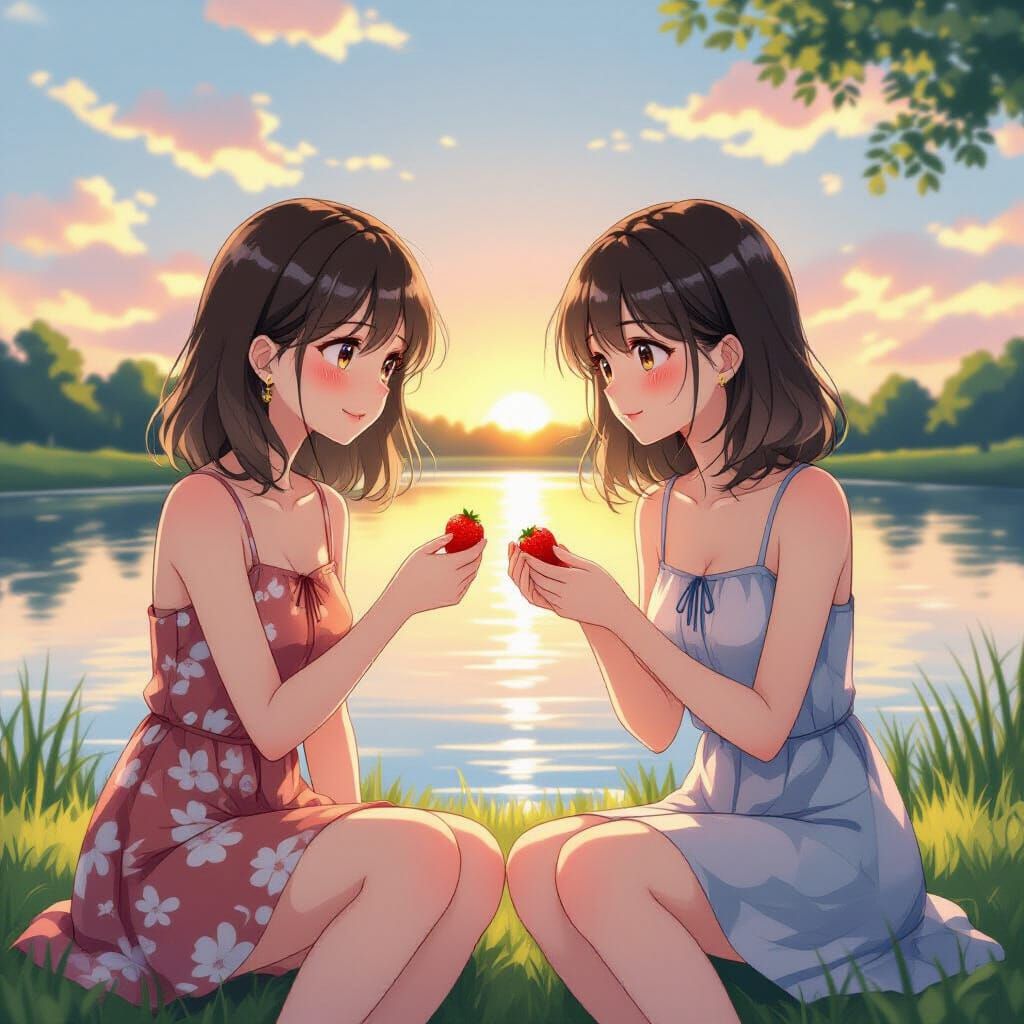 Yuri Manga: Two Women by a Riverside at Sunset