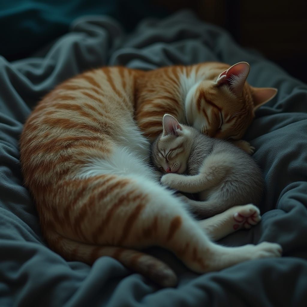 Cat and Kitten Snuggle on Clothes in Hyperrealistic Style