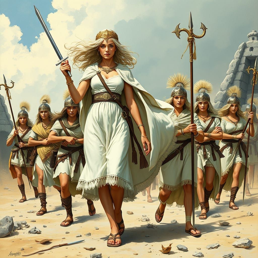 Heroic Bald Warrior and Entourage in Sci-Fi Style