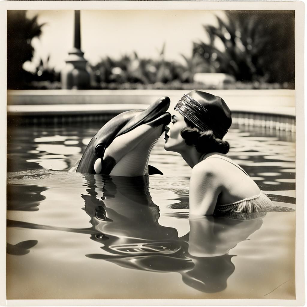 Flapper Kisses Dolphin: Vintage Polaroid Photograph