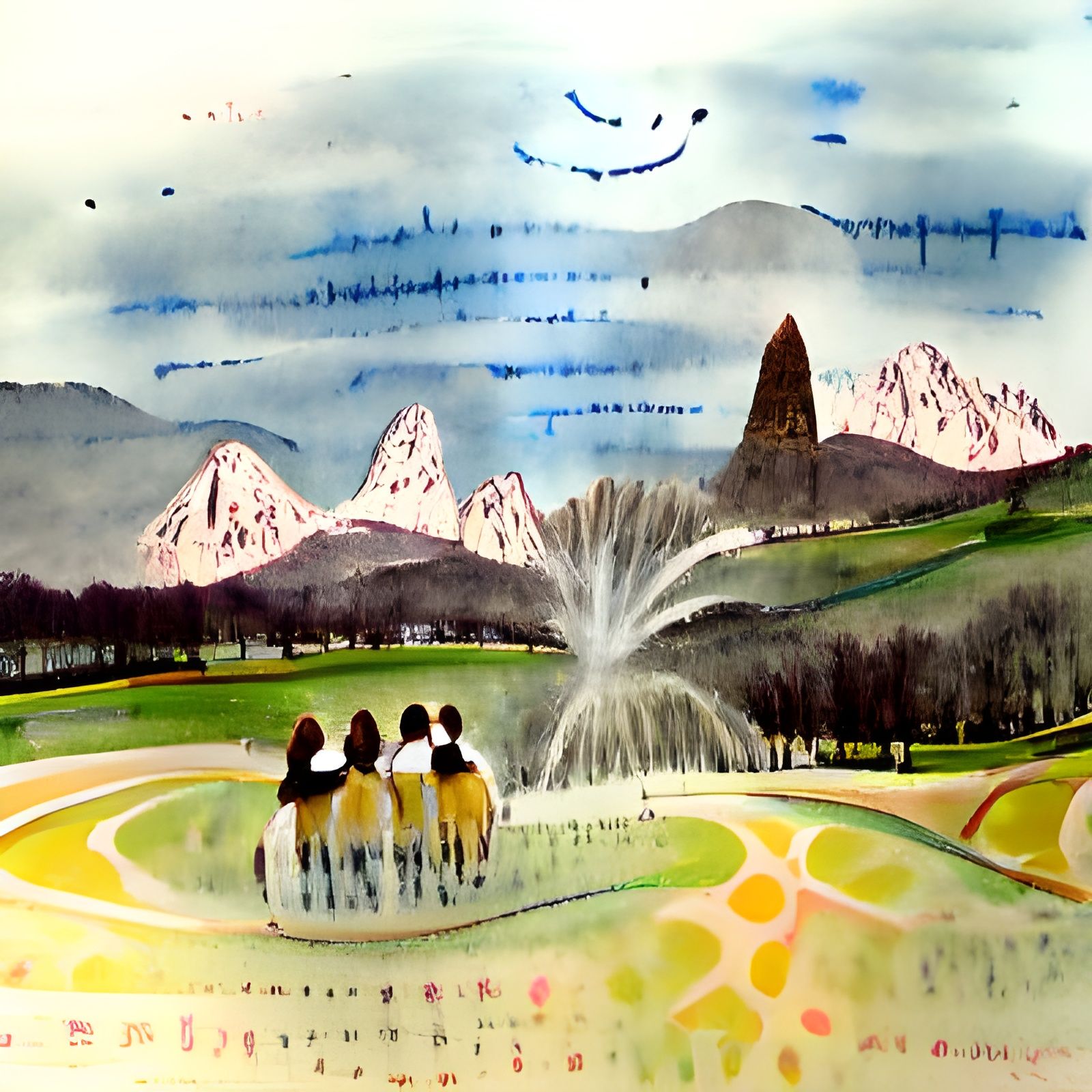 Ink Drawing of Mountains, Friendship, and Fountains