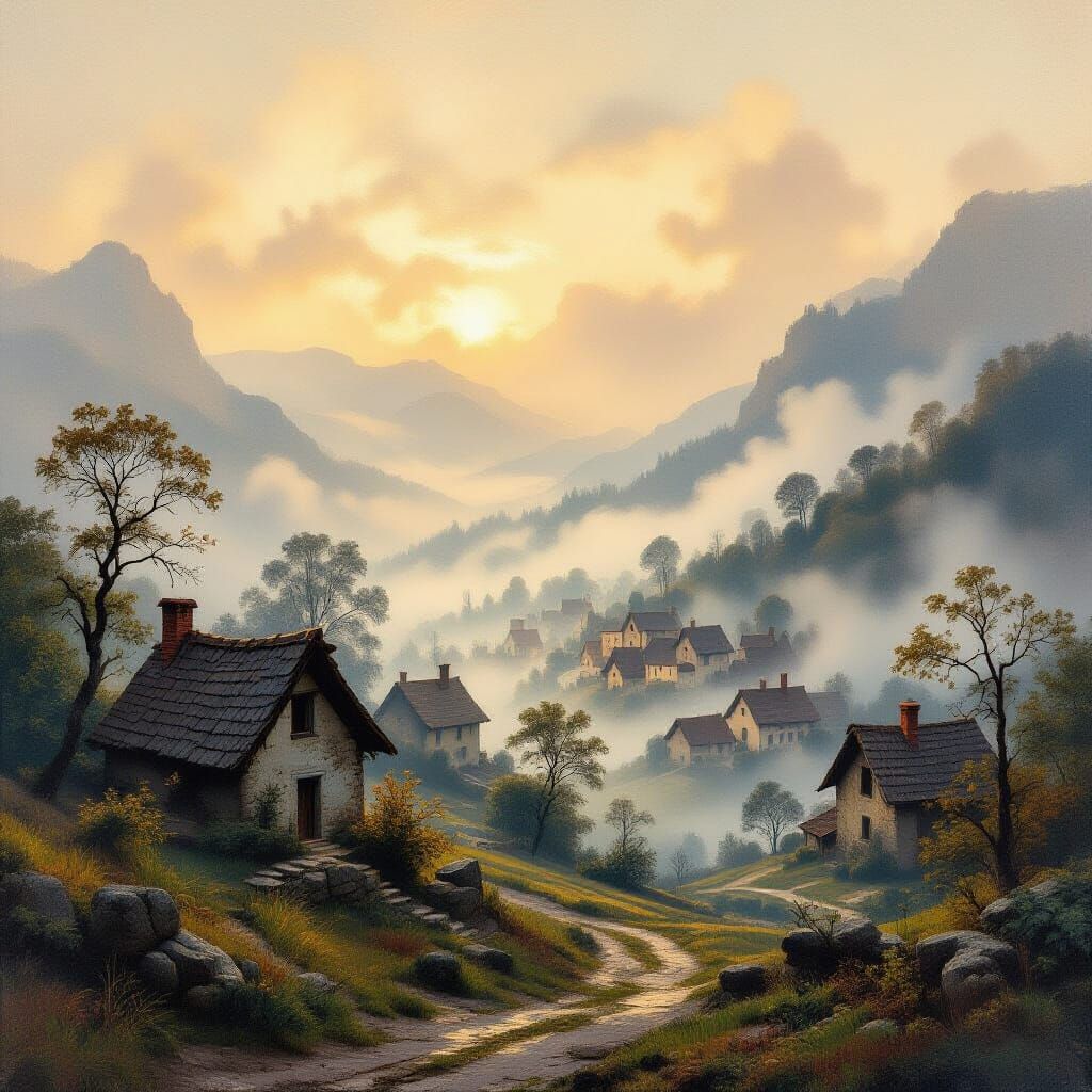 Misty Hill Town in Romantic Style