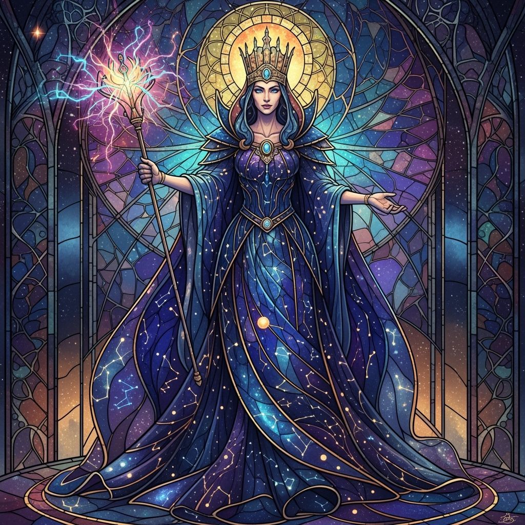 Celestial Queen in Night Sky Gown, Cosmic Energy Scepter