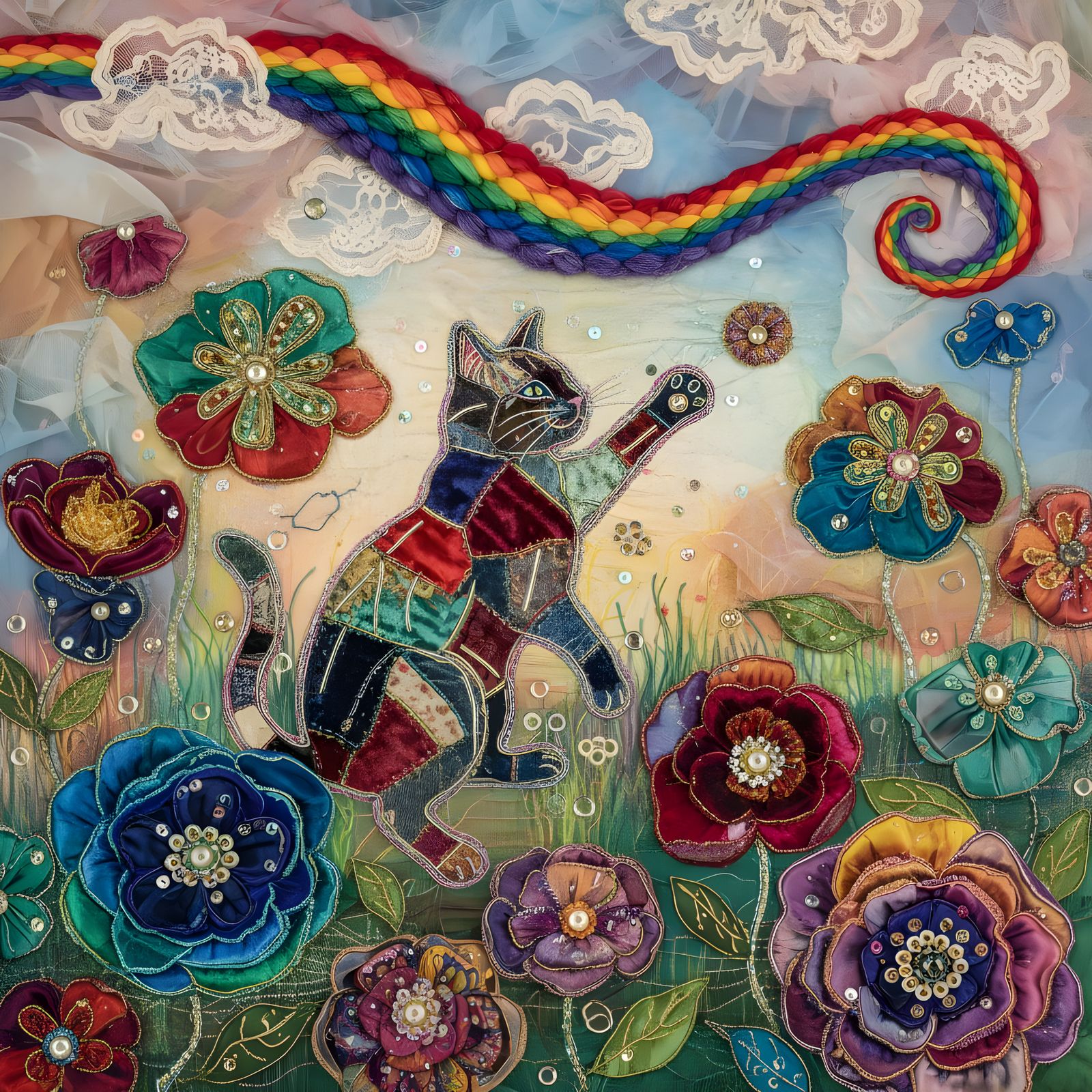 Textile Collage Cat Chasing Rainbow in Surreal Garden