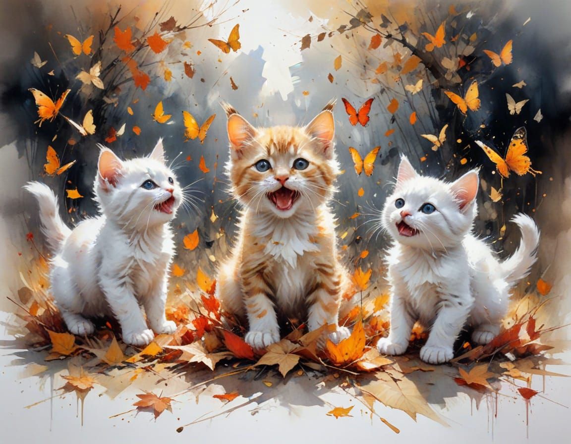 Three kittens playing in a pile of golden autumn leaves