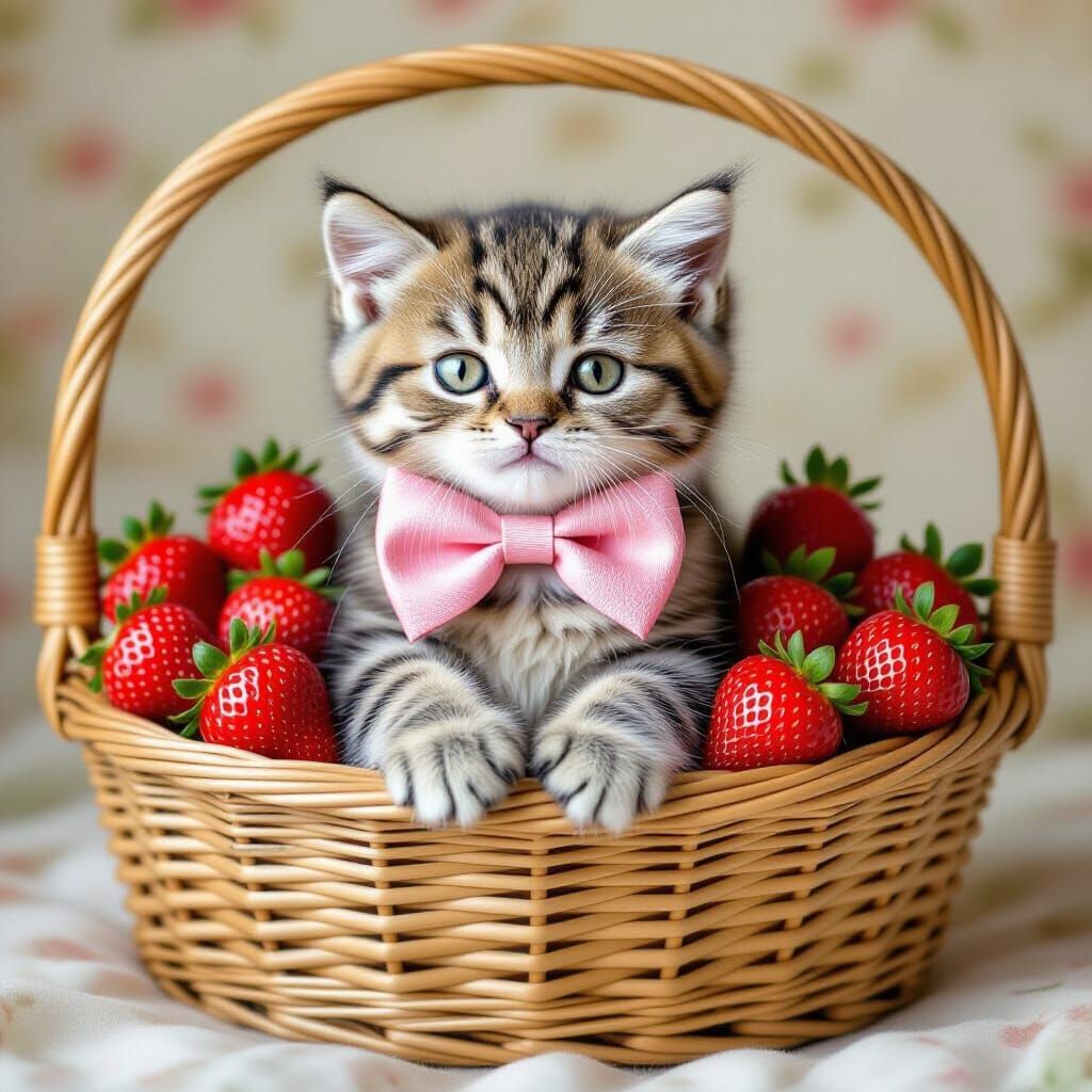 Kitten in Strawberries Basket, Whimsical Illustration