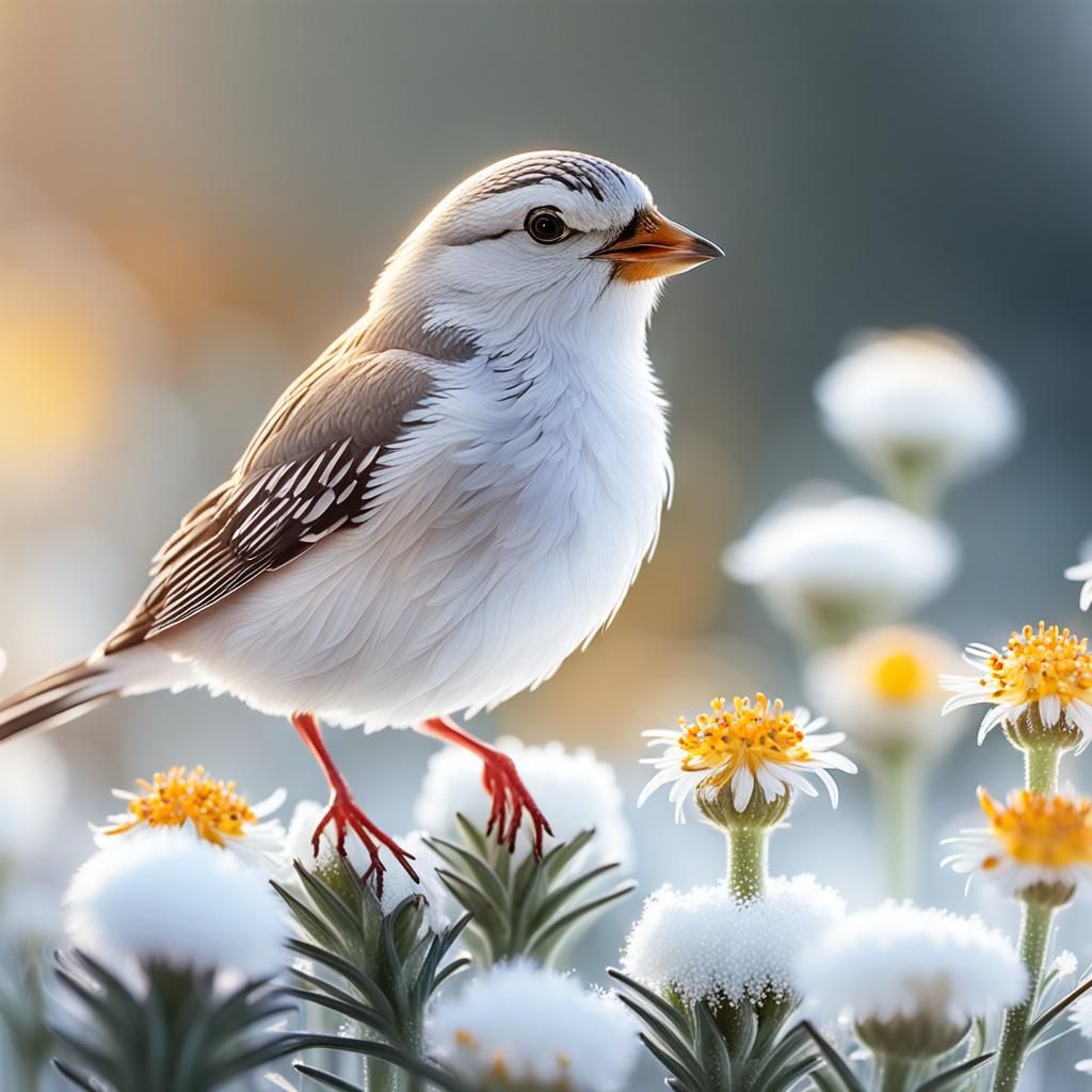Snow Finch on Edelweiss in Wildlife Illustration Style