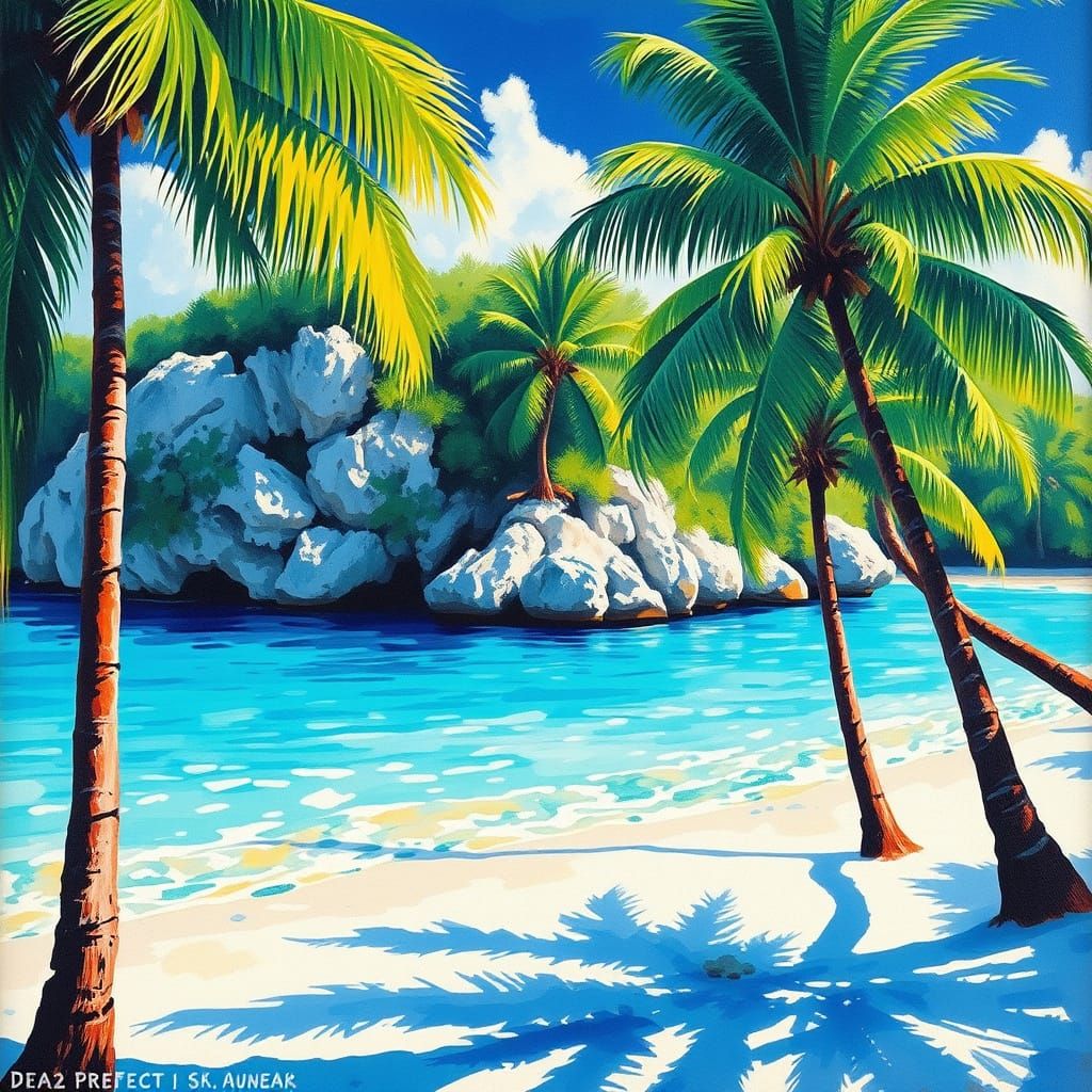 Tropical Beach Gouache Painting with Turquoise Waters