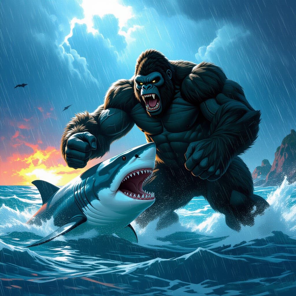 Epic Battle: King Kong vs Giant Shark in Stormy Seas