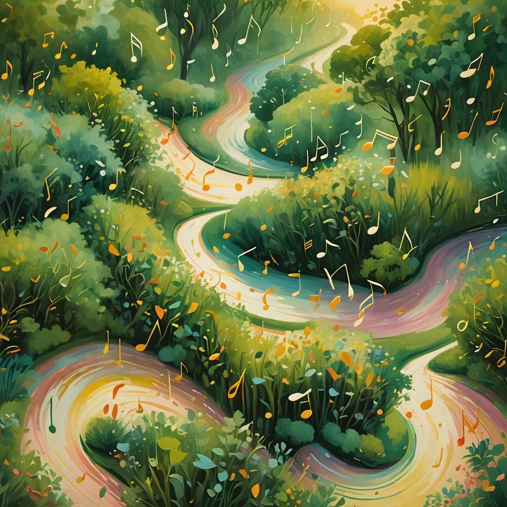Ethereal Landscape with Floating Musical Notes