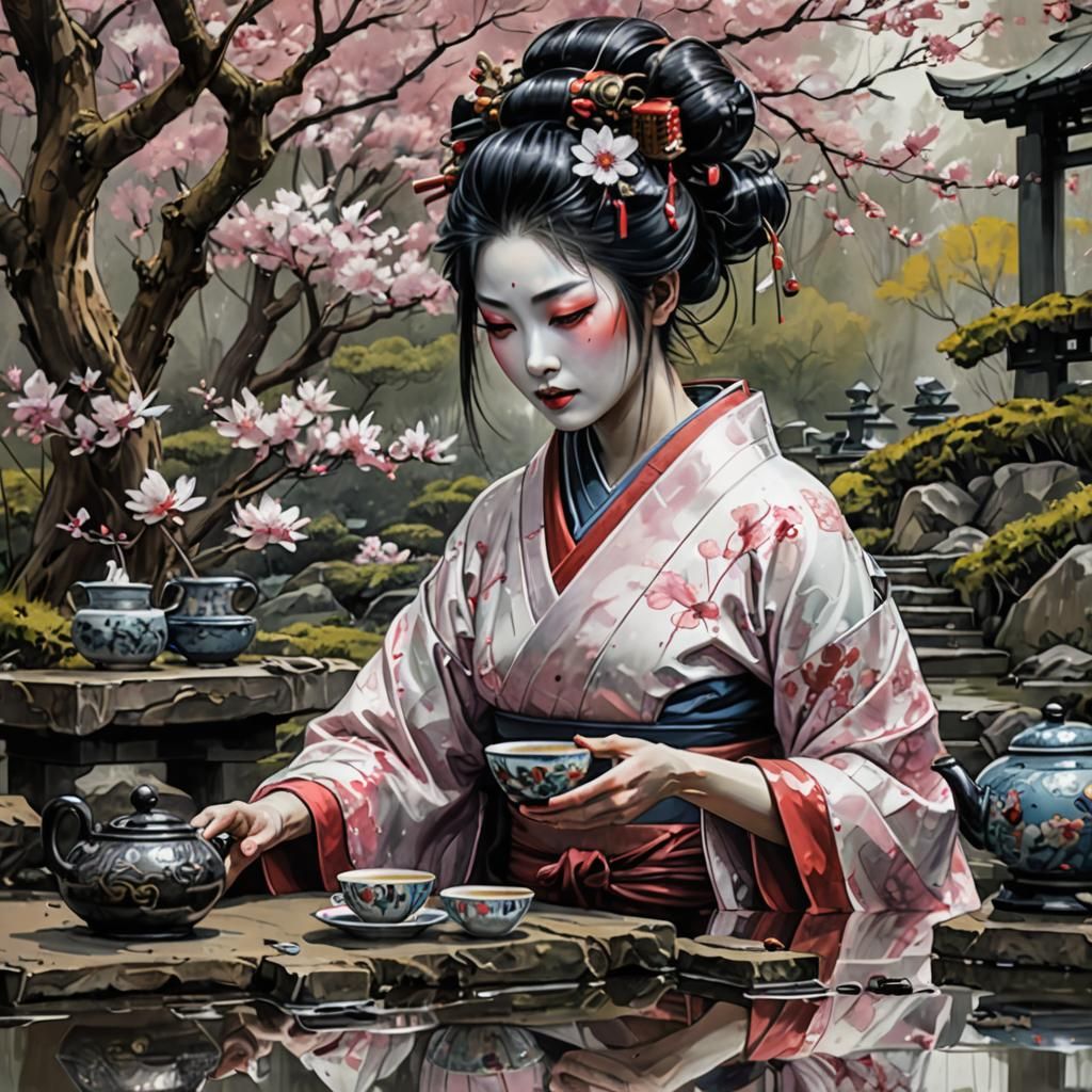 Cybernetic Geisha Tea Ceremony in Ink Painting Style