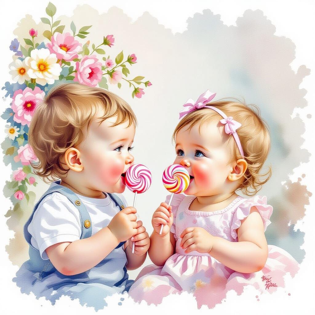 Children Enjoying Lollipops in a Floral Watercolor Scene