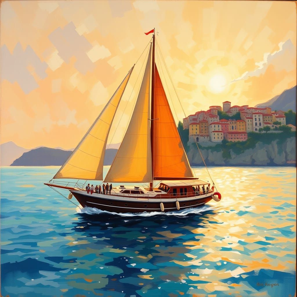 Sailing Yacht Amidst Cinque Terre's Golden Hour