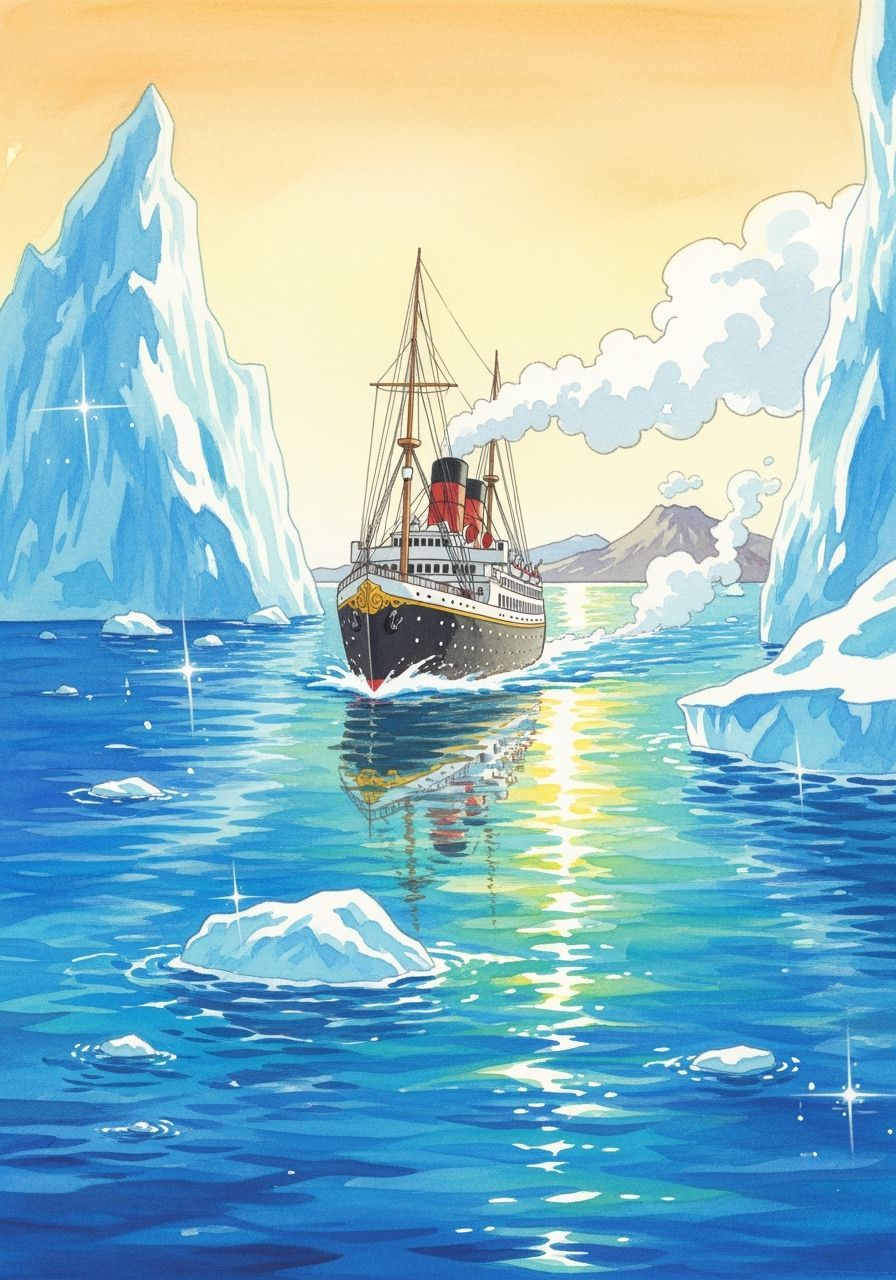 Anime Watercolor Steamship Journey near Icebergs