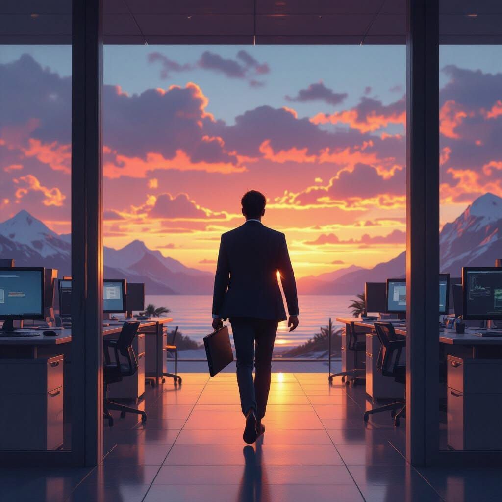 Freedom: Business Person Walks into Sunset