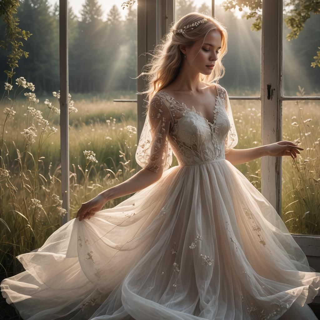 Woman in White Dress in a Meadow