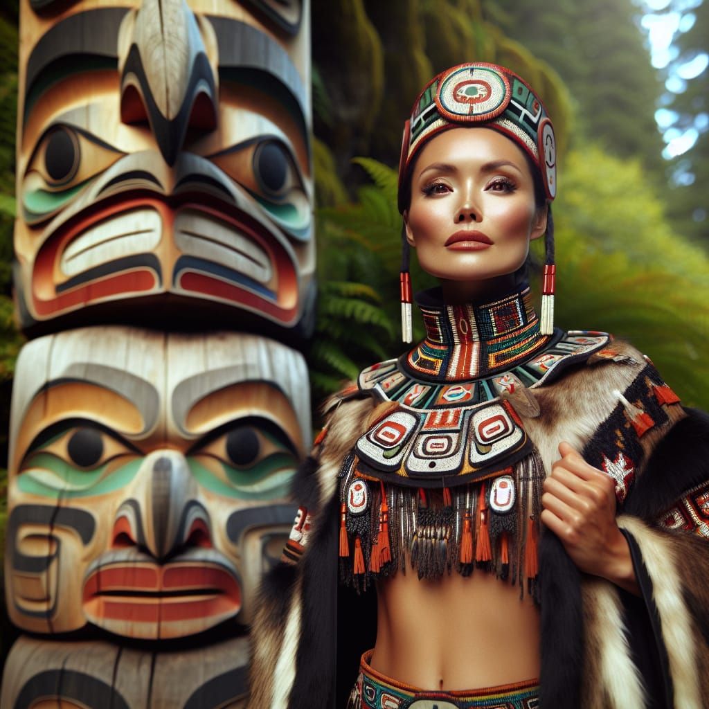 Salish Woman in Traditional Dress by Totem Pole