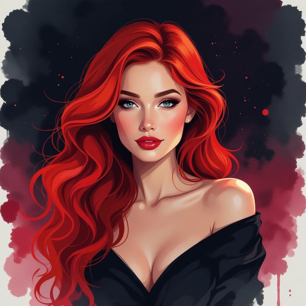 Contemplative Redhead in Dynamic Ink Wash Painting