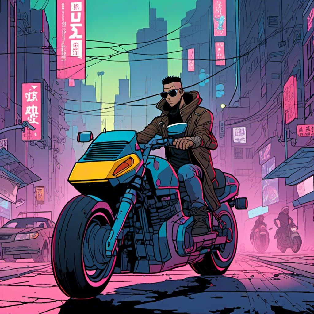 Cyberpunk Motorcycle Rider in Neon Cityscape