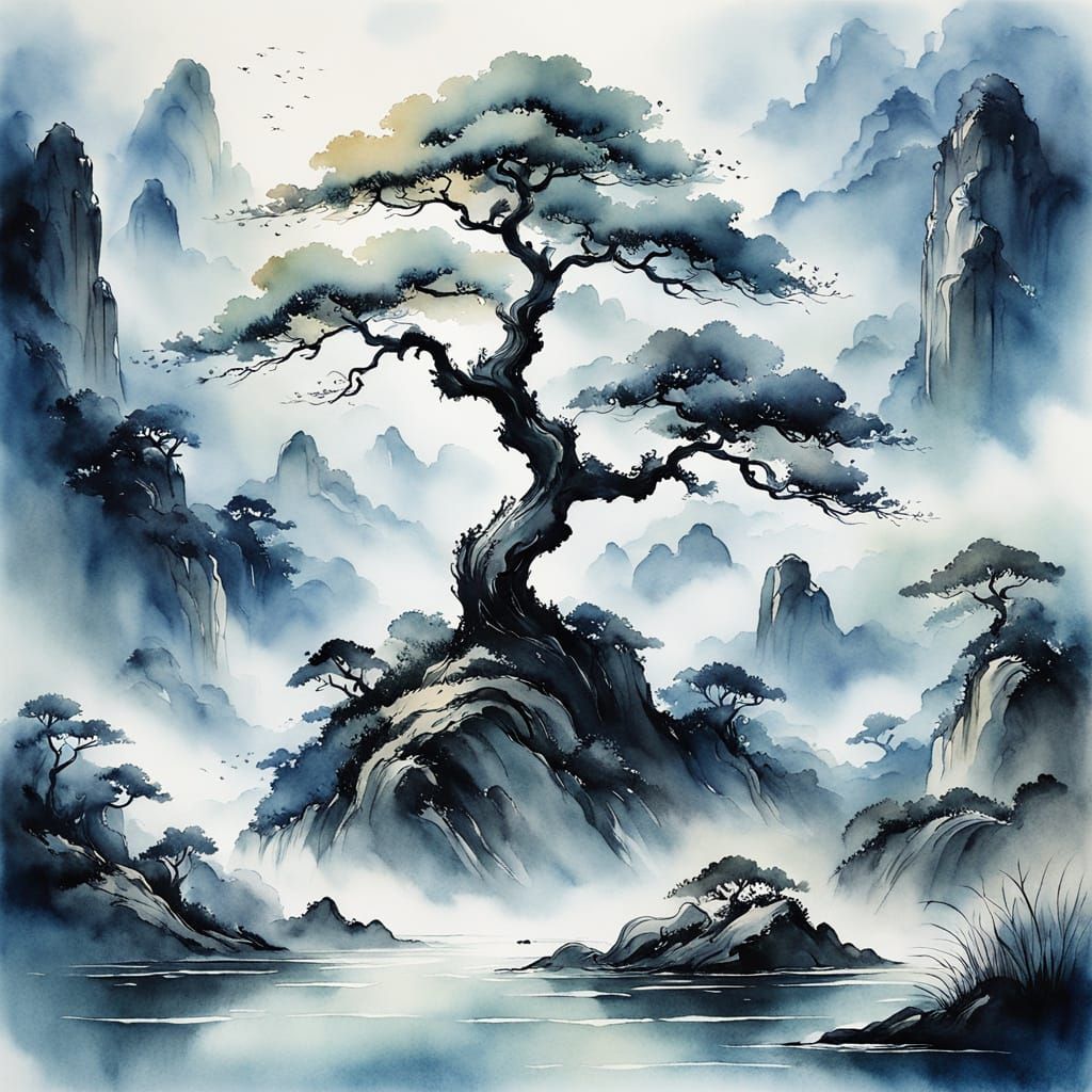 Chinese Ink Wash Painting of Celestial Tree of Life