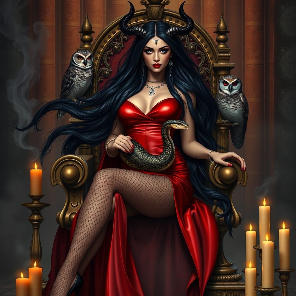 Goddess of Mystery in Red Latex and Black Horns