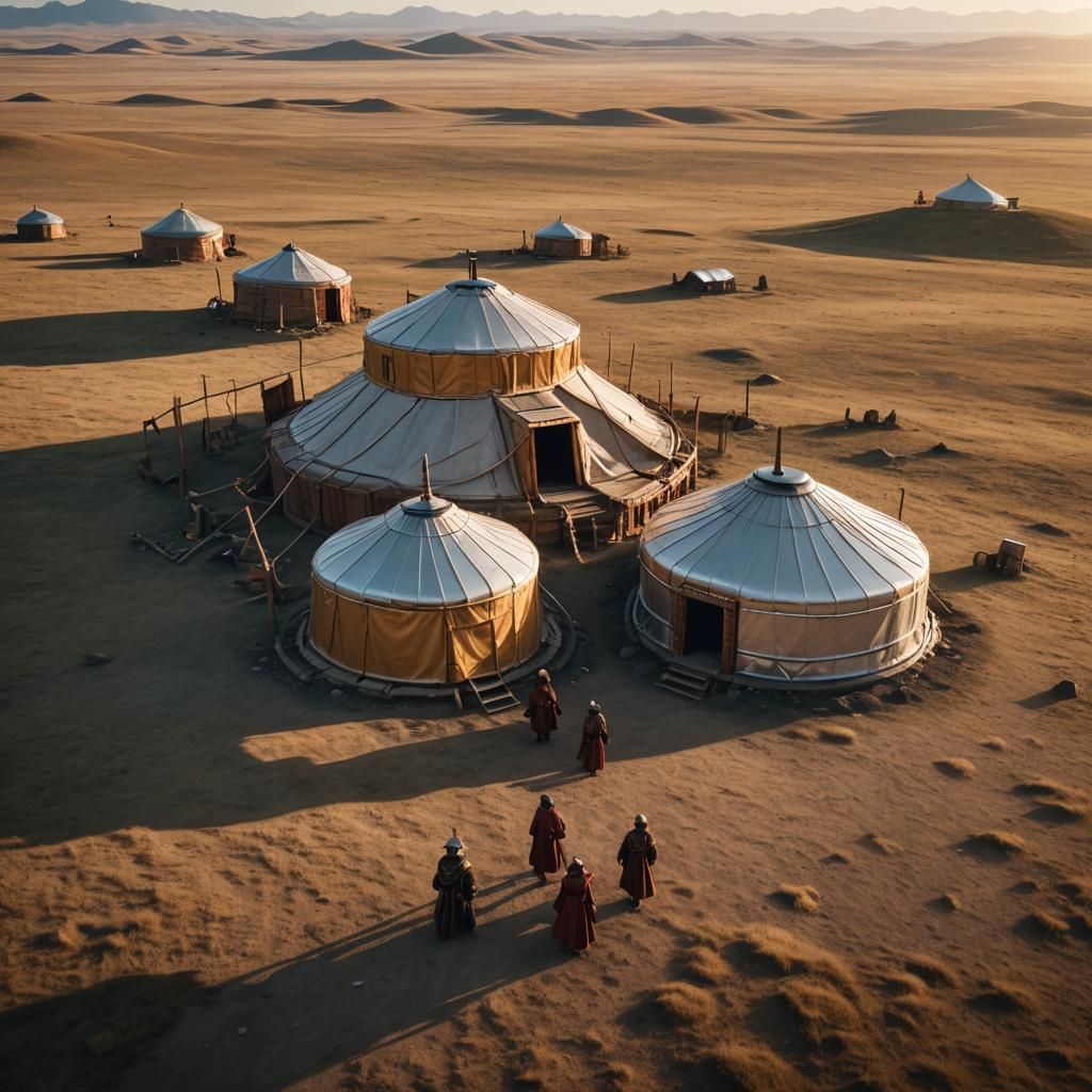 Mongolian Steampunk Yurt at Sunset in Sci-Fi Style