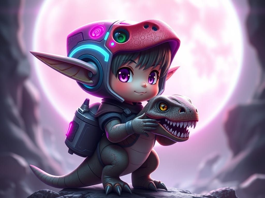 Ethereal Elf and Chibi T-Rex in Futuristic Neon Scene