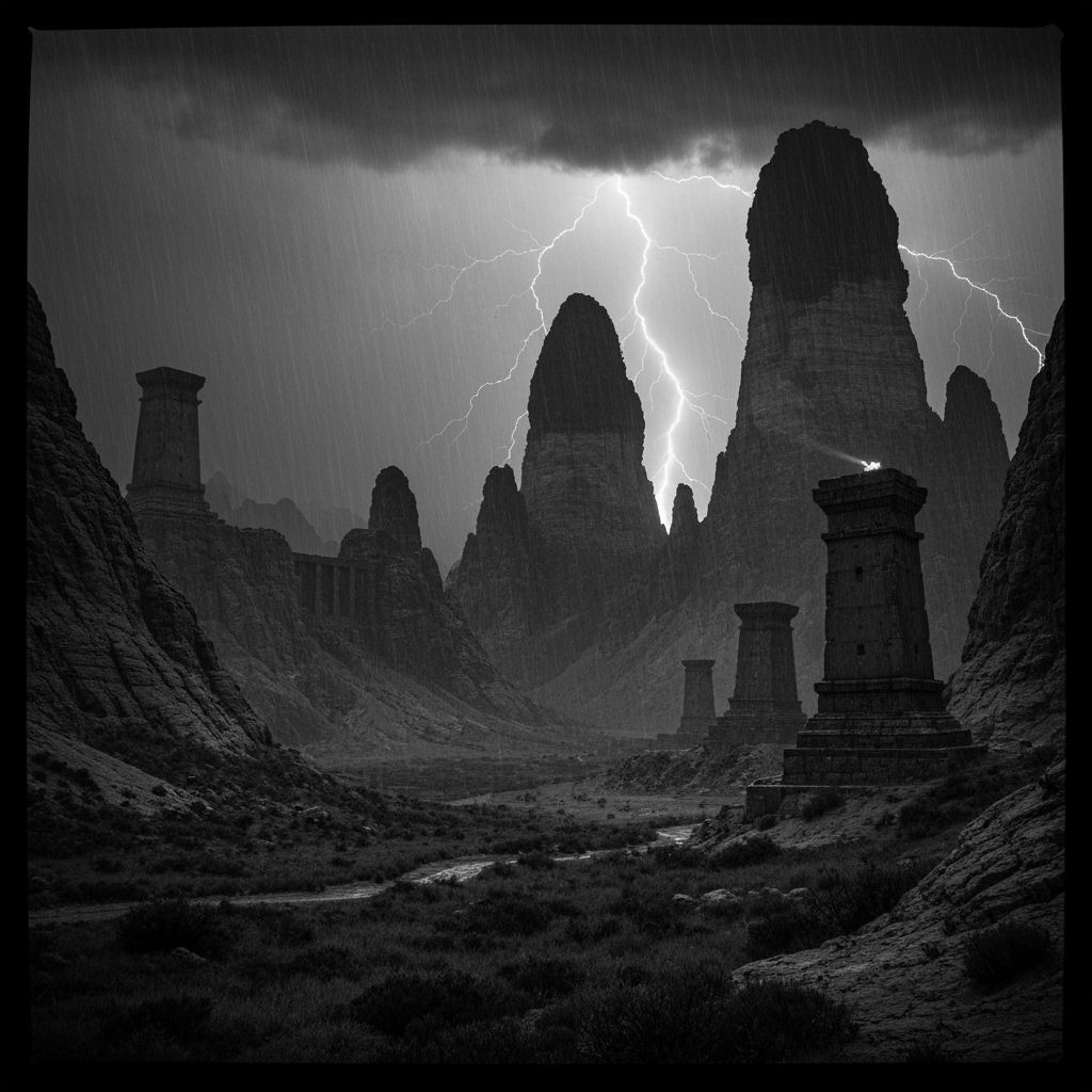 Dramatic Storm Over Mountains in Black, White and Red