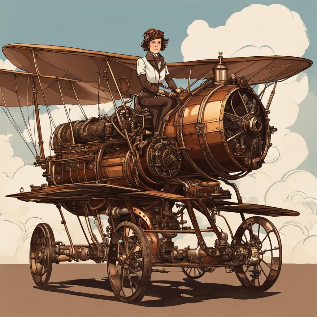 Amelia Earhart in Steampunk Flying Machine