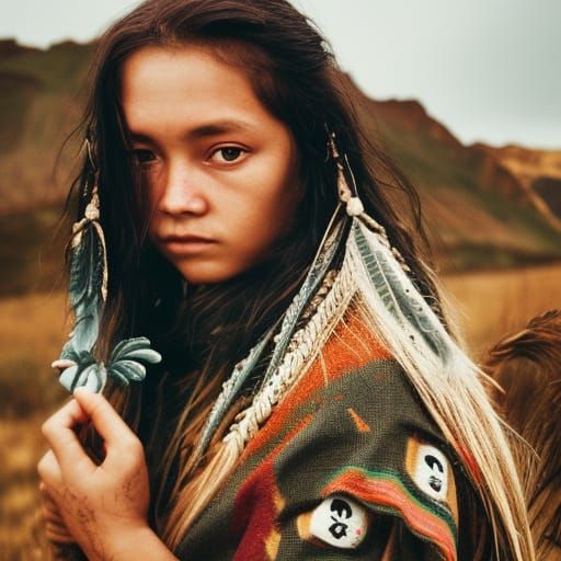 Patagonian Woman Portrait with Selknam Art, Close Up