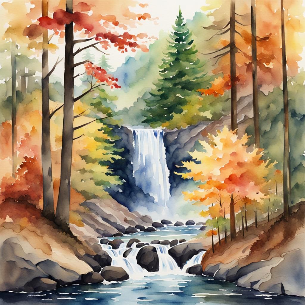 Watercolor Waterfall in Smoky Mountains During Fall