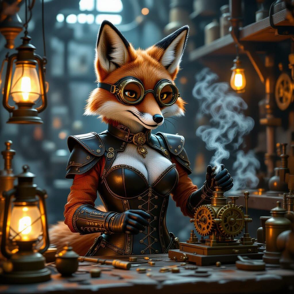 Steampunk Fox Tinkering with Clockwork in Industrial Worksho...