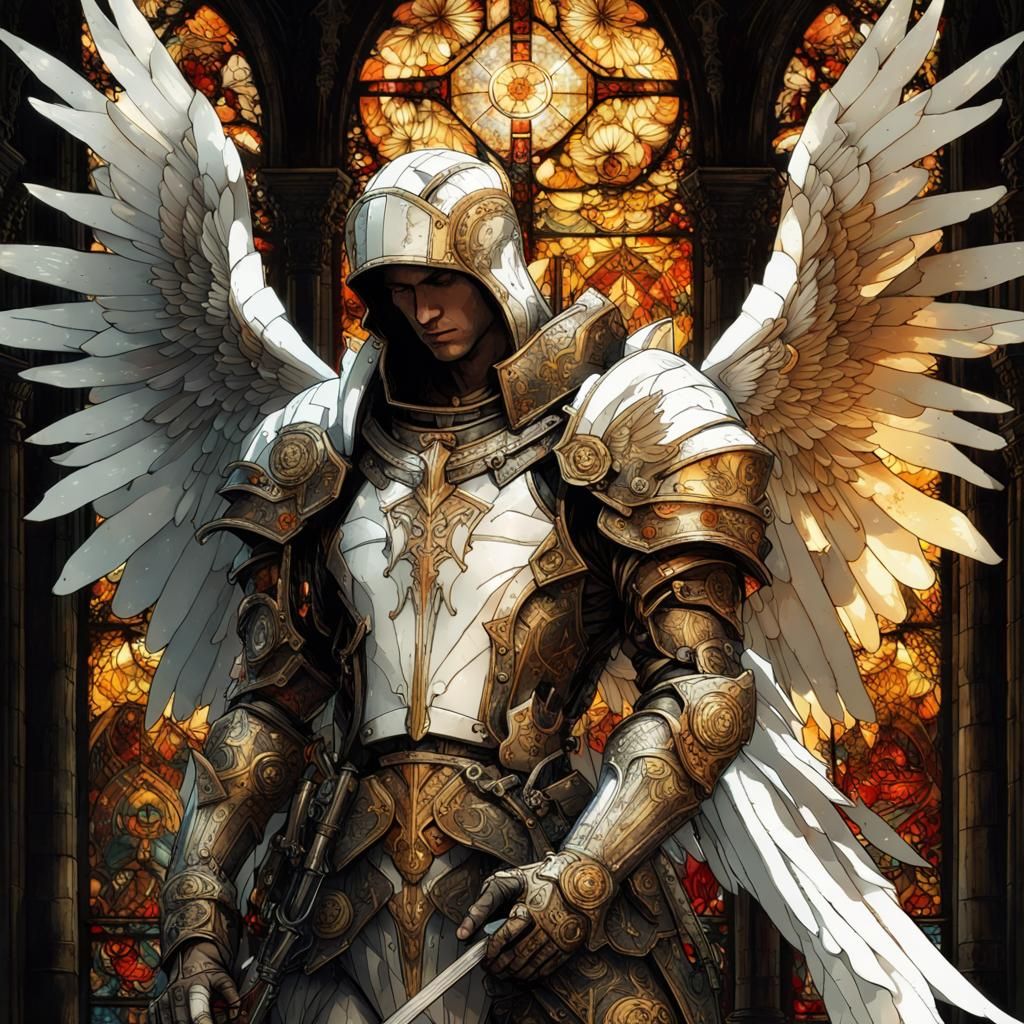 Gothic Cyberpunk Angel Knight with Glowing Runes