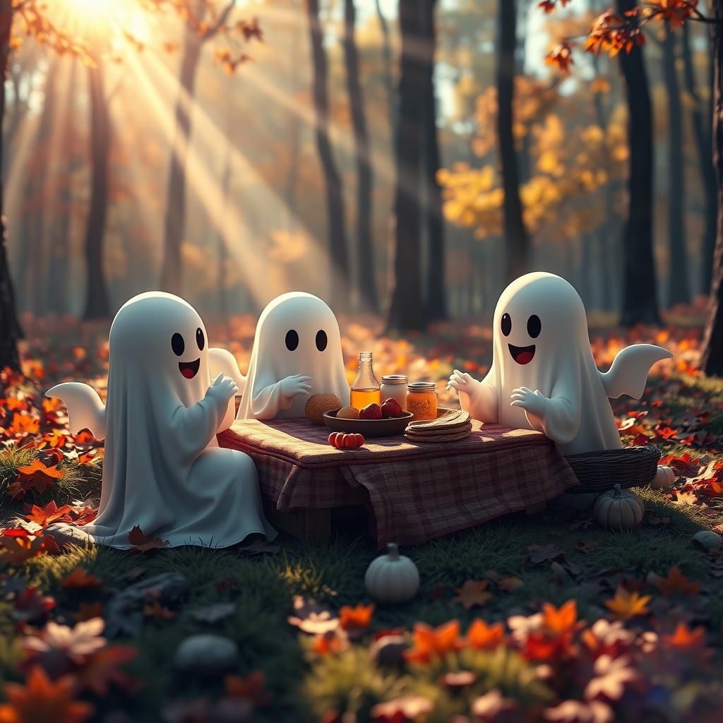 Ghosts Picnic in Autumn Woods, Fantasy Concept Art