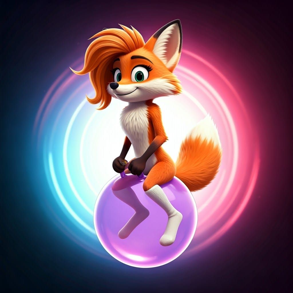 Vibrant Cartoon Fox Soars on Cosmic Space Hopper