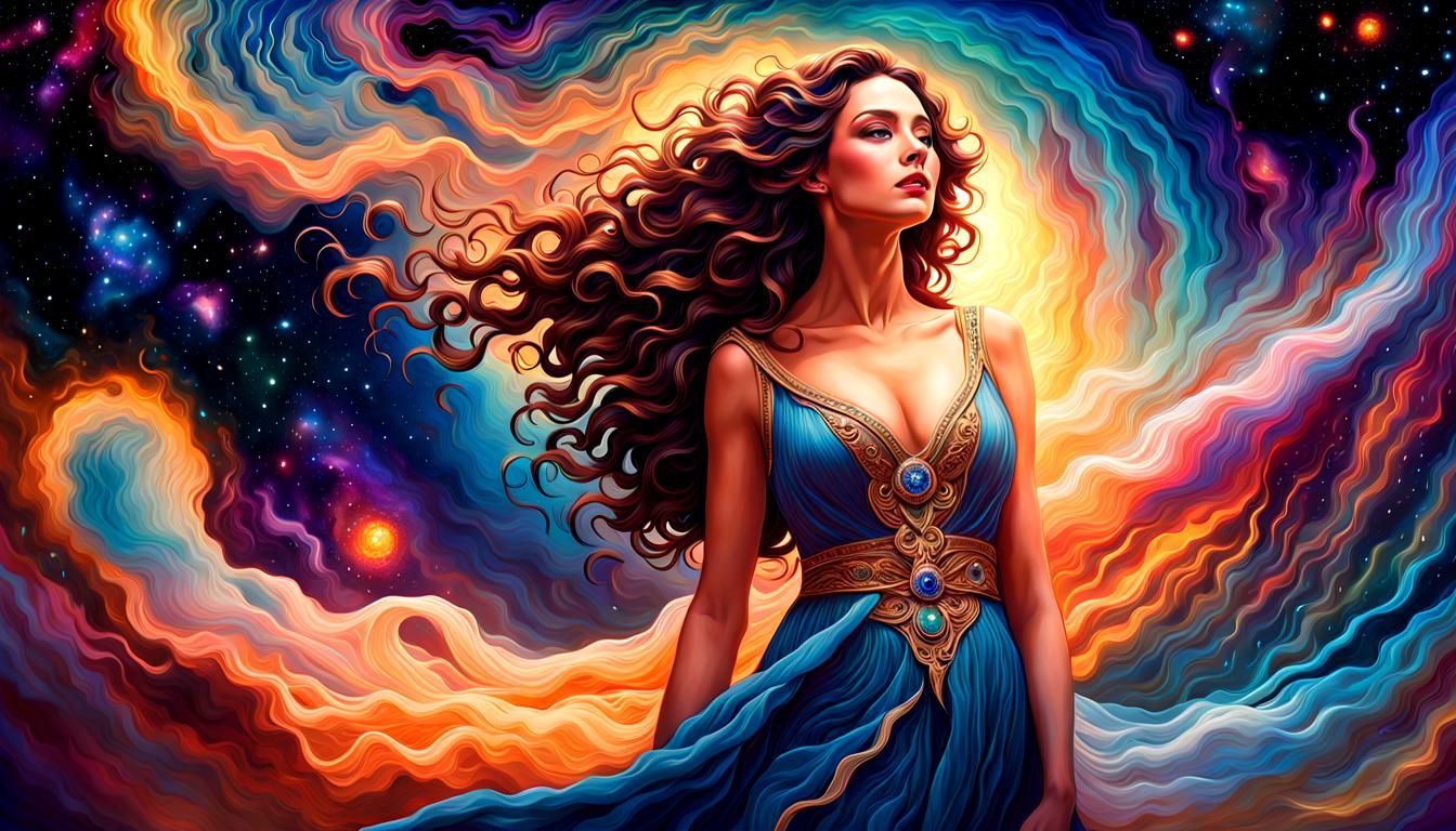 Stardust Goddess in Cosmic Galaxy Scene