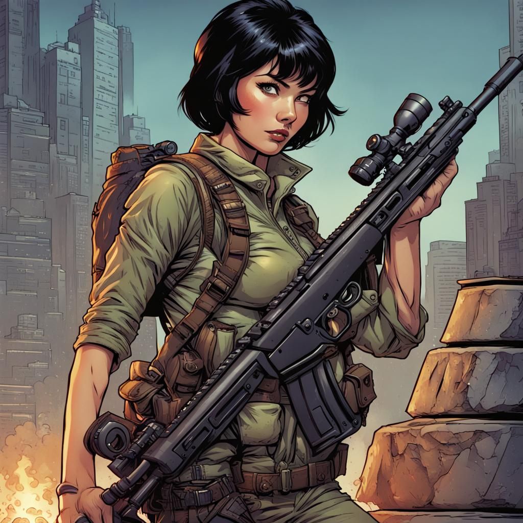Girl Sniper with Button Nose in Comic Book Art