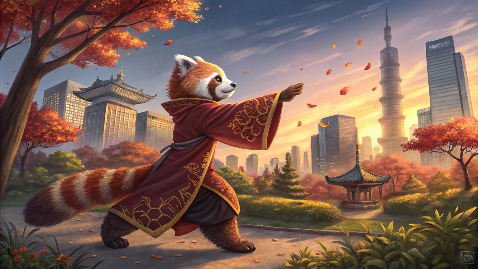 Red Panda Taichi in Autumn Park, 3D Digital Art