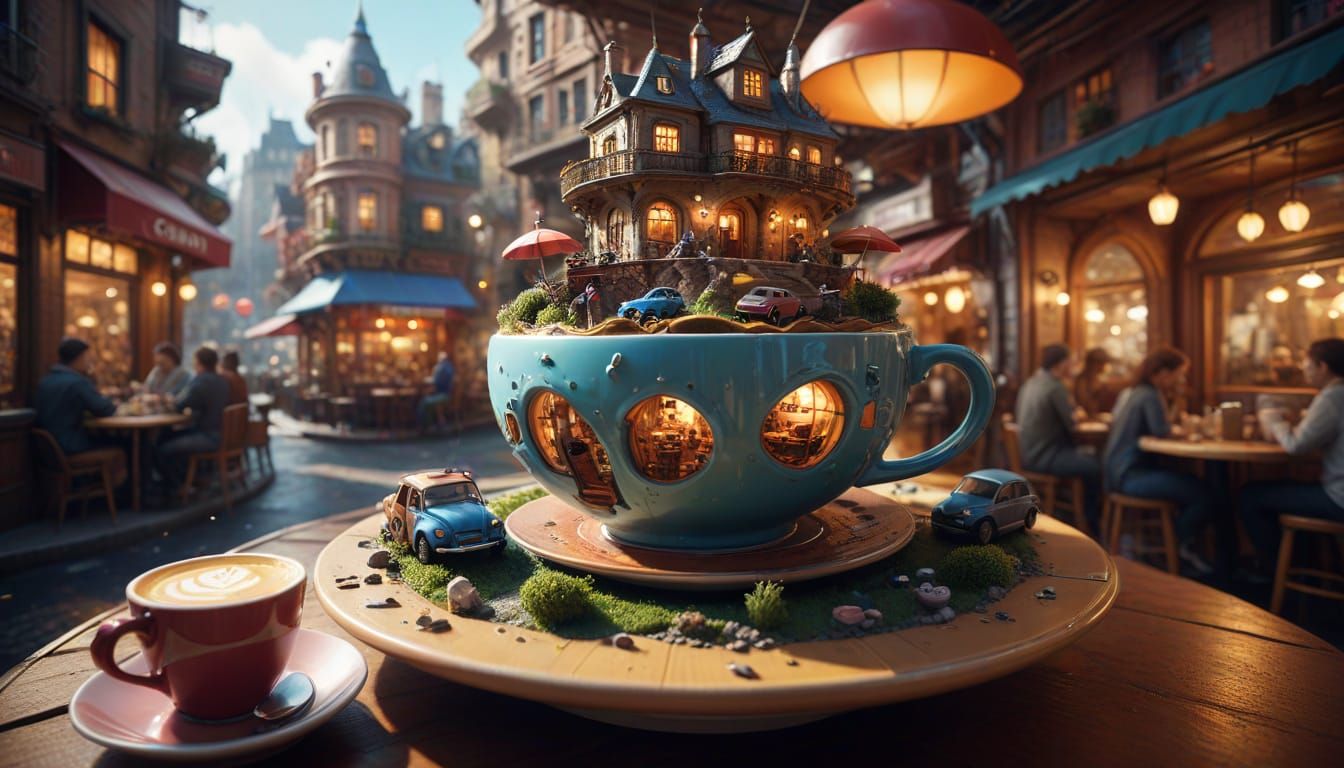 A bustling city built inside a giant teacup