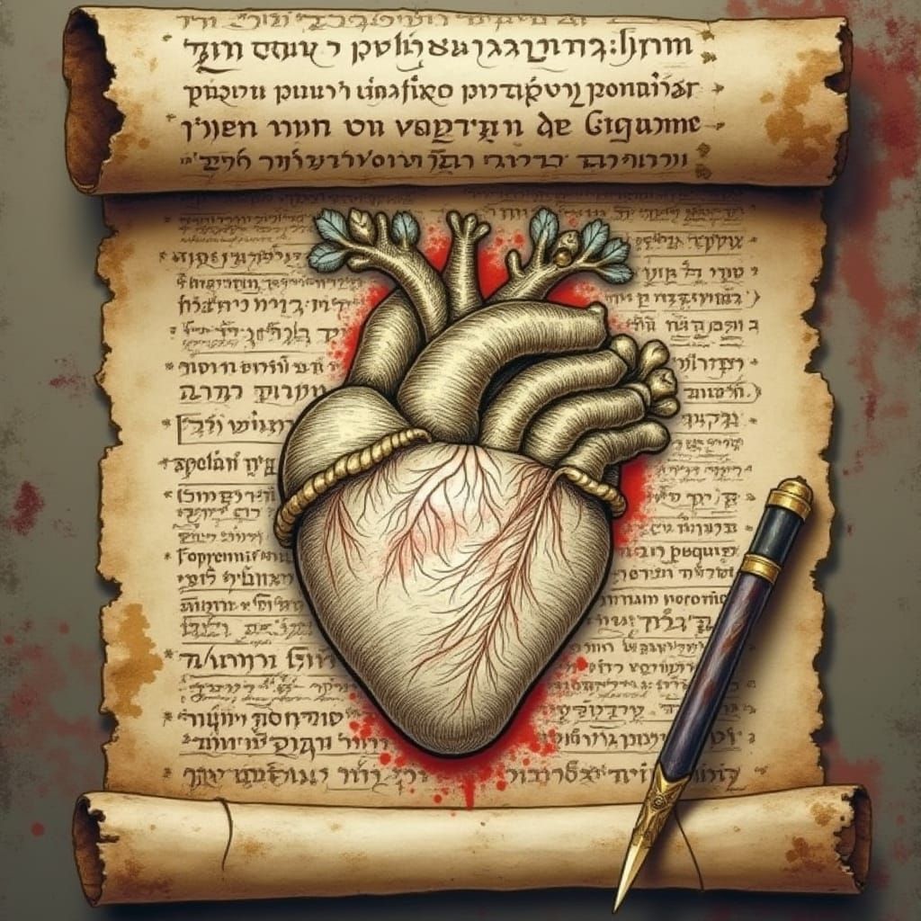 Antique Parchment Scroll Unfolds with Intricate Hebrew Lette...