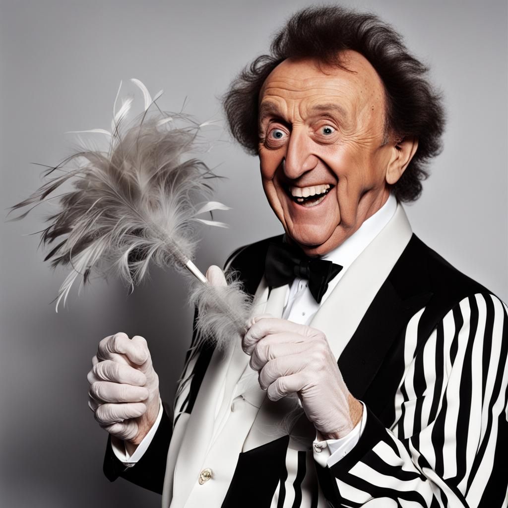 Ken Dodd mixed with P Diddy, holding a feather duster and grinning