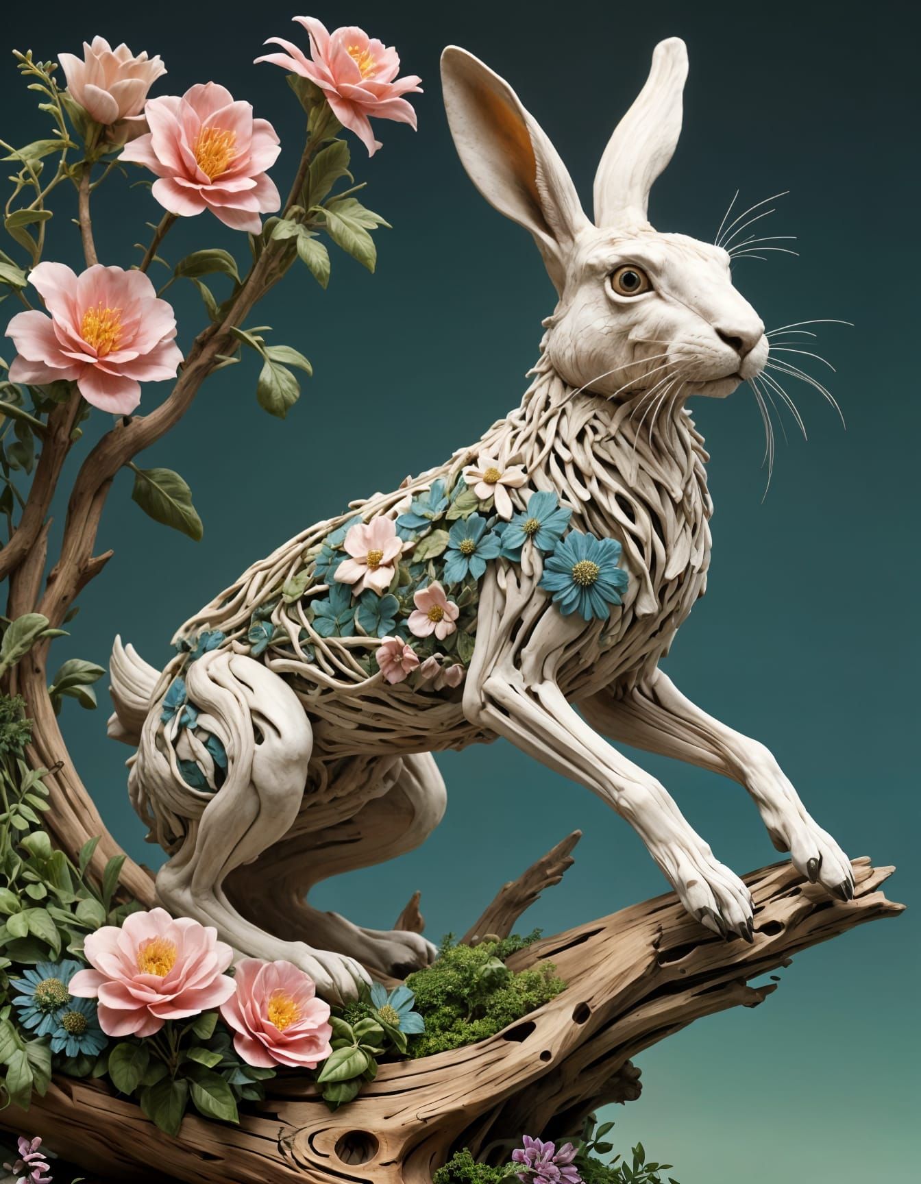 Whimsical Driftwood Sculpture of a Leaping Hare in Pastel Co...