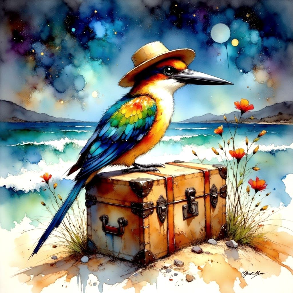Whimsical Kookaburra Sailor on a Starry Beach