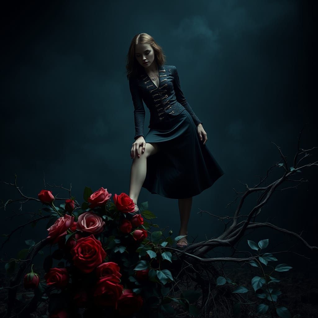 Luxury Fashion Goddess Teeters on a Dark Landscape