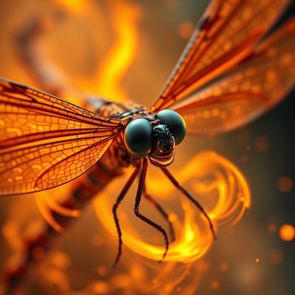 Dragonfly in Fiery Filling Swirls, Intricate Fantasy Art