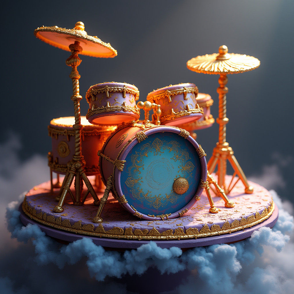 Led Zeppelin Drum Kit Cake in Fantasy Art Style